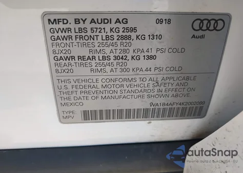 2019 Audi Sq5 3.0T Premium из США, поврежденный, VIN WA1B4AFY4K2002089